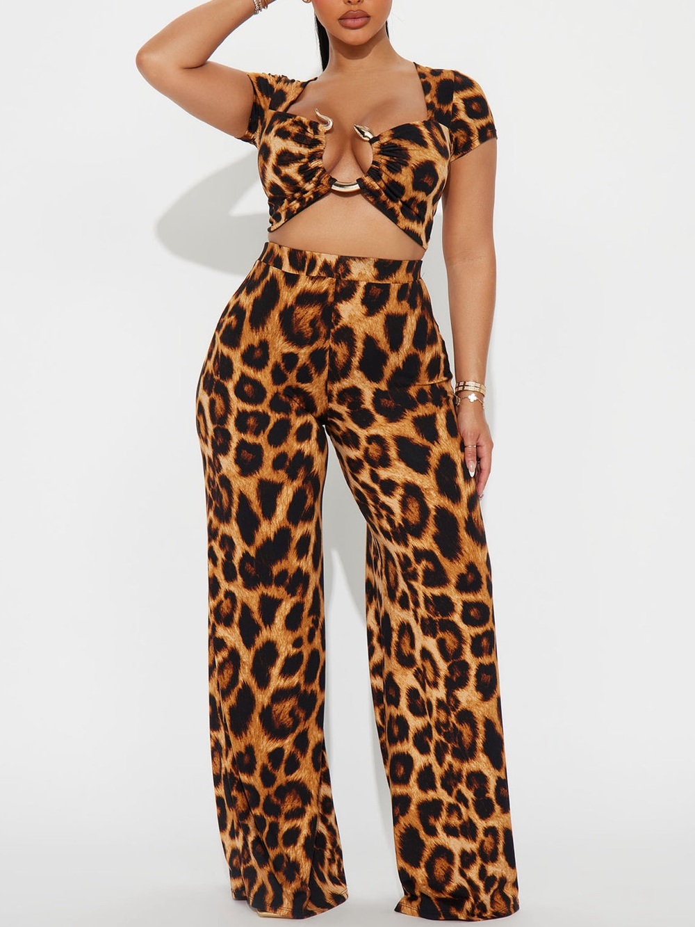NWOT Fashion Nova Leopard-Print Flare Pants Set